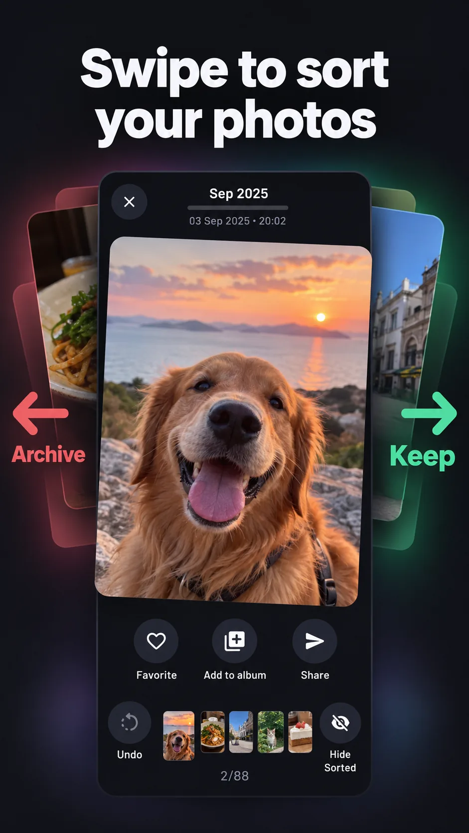 Picit swipe screen with Archive and Keep choices around a photo